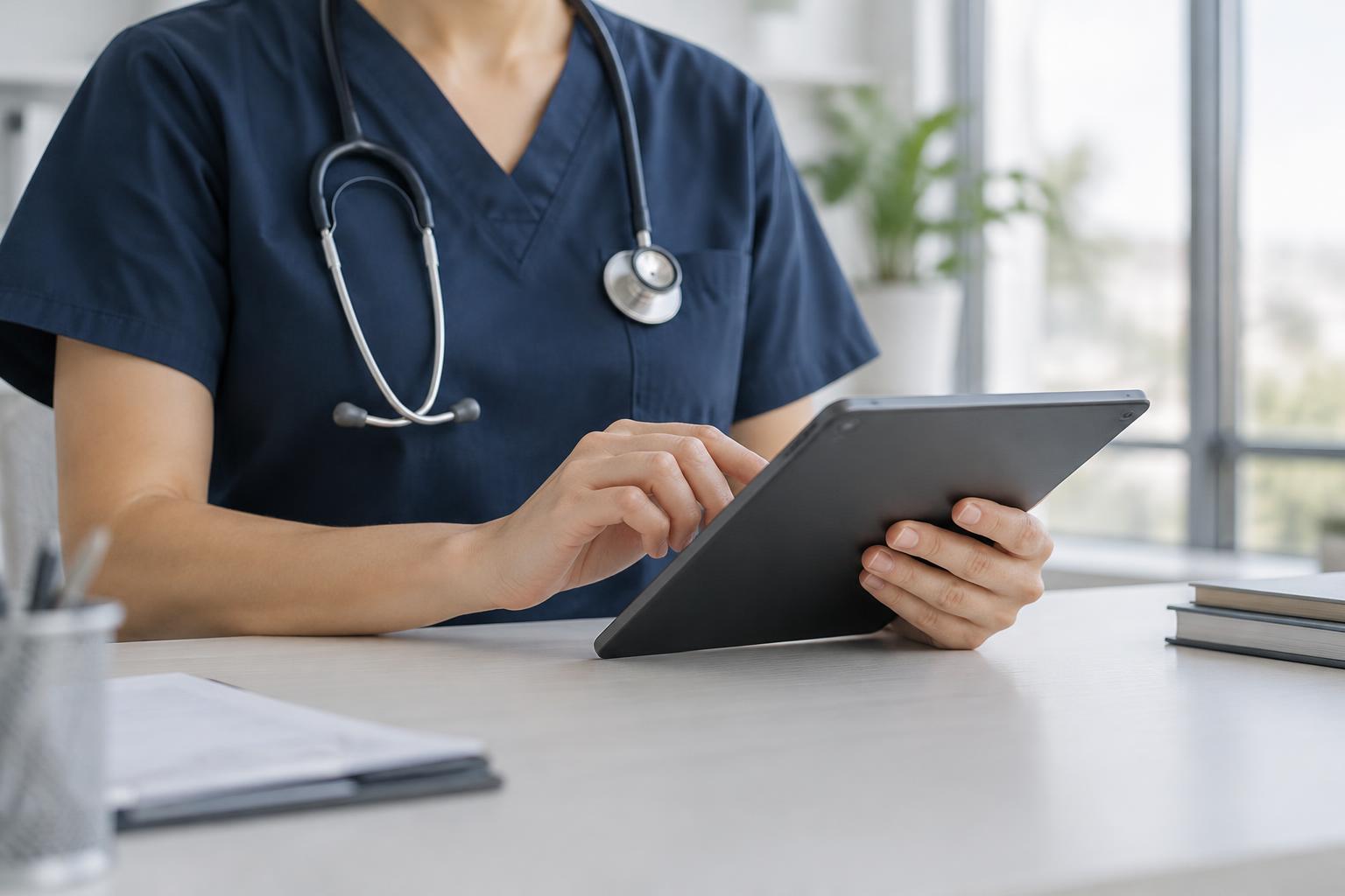 Healthcare professional reviewing a digital tablet